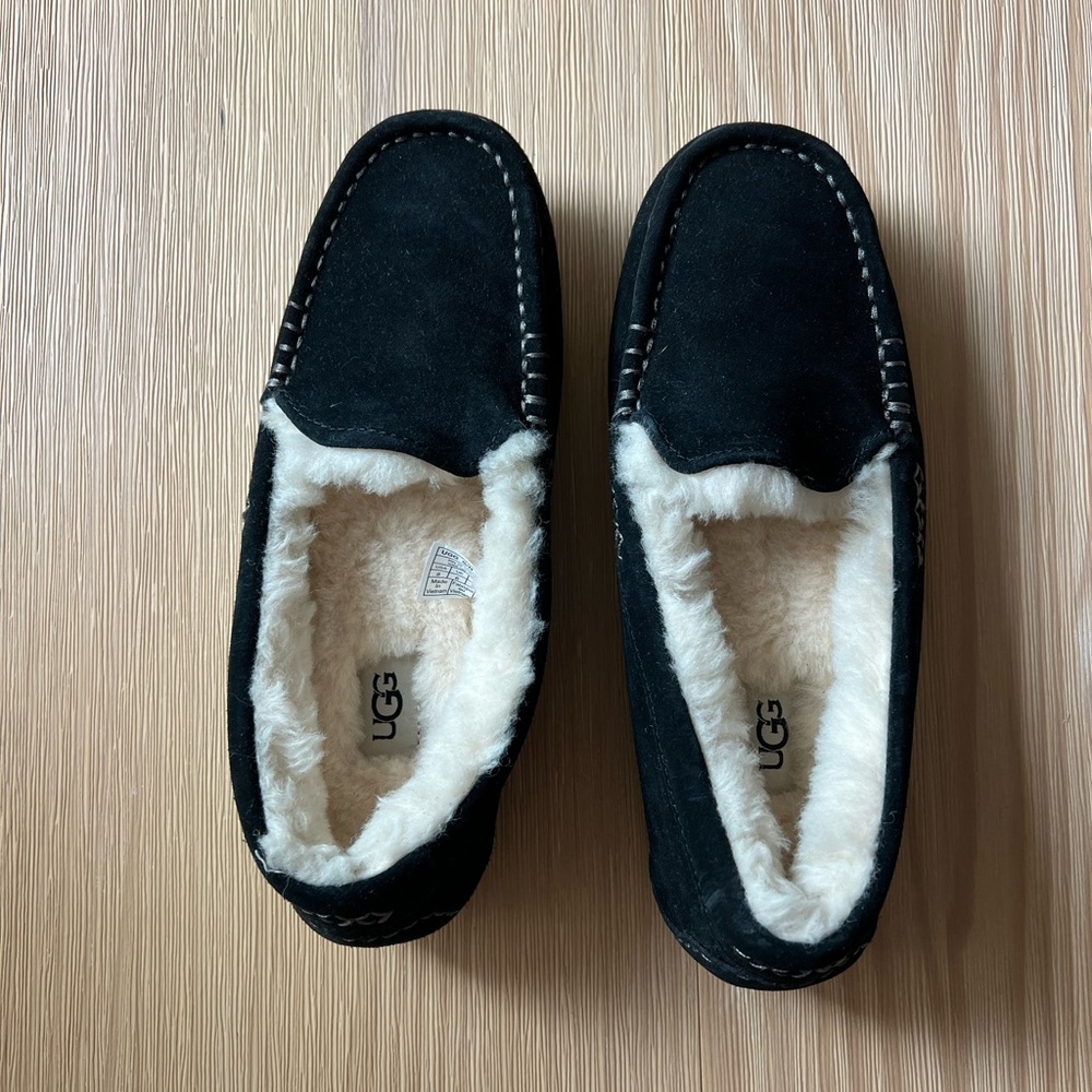 UGG Black Suede Shearling Moccasin Slippers